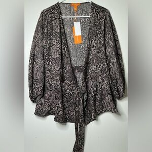 Gigi Parker Women V-Neck Black Lace Print Soft Blush Drawstring Blouse L New